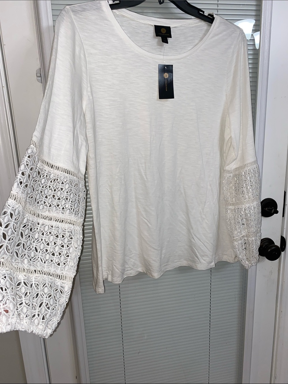 JM Collection White Crochet Bell-Sleeve Tunic Top